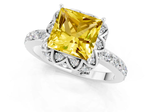 White gold Princess Cut Diamond Solitaire Ring with Shared Prong Pavé Band_1