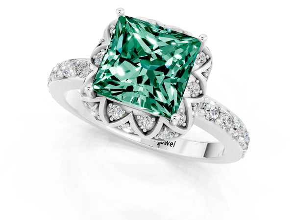 White gold Princess Cut Green Sapphire Scalloped Halo Engagement Ring with Round Shared Prong Band