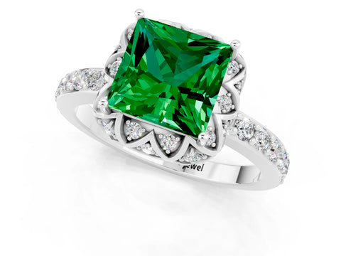 White gold Princess Cut Diamond Solitaire Ring with Shared Prong Pavé Band_1