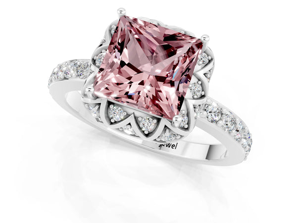 Platinum Princess Cut Diamond Solitaire Ring with Shared Prong Pavé Band
