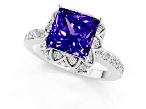 White gold Princess Cut Diamond Solitaire Ring with Shared Prong Pavé Band_1