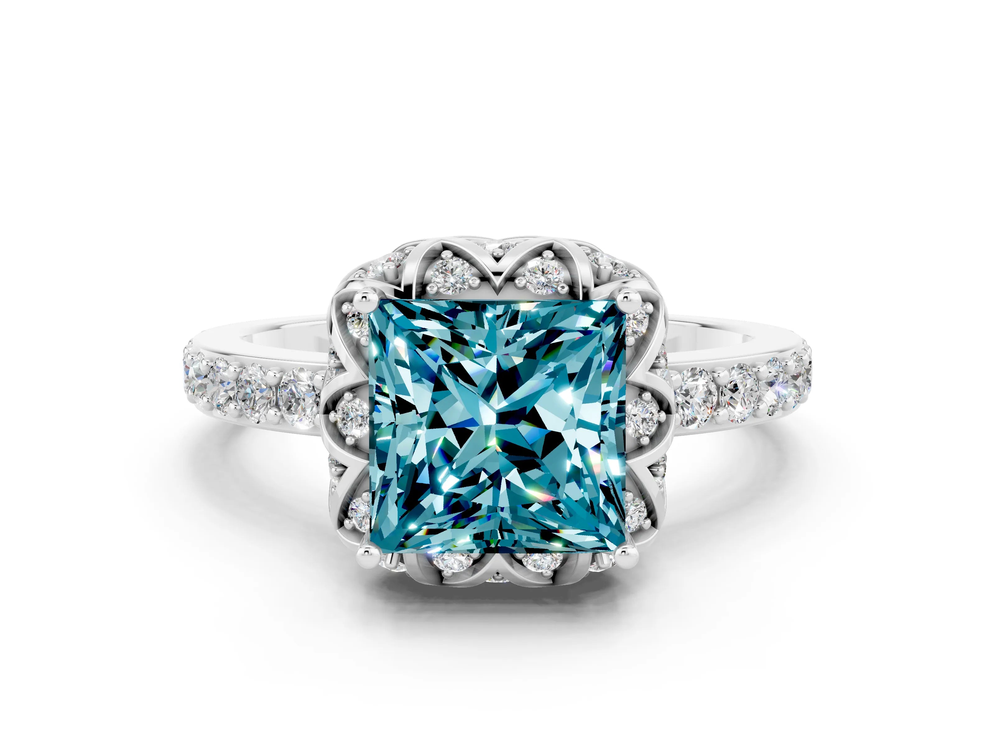 White gold Princess Cut Diamond Solitaire Ring with Shared Prong Pavé Band