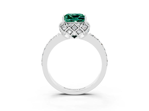 White gold Princess Cut Green Sapphire Scalloped Halo Engagement Ring with Round Shared Prong Band