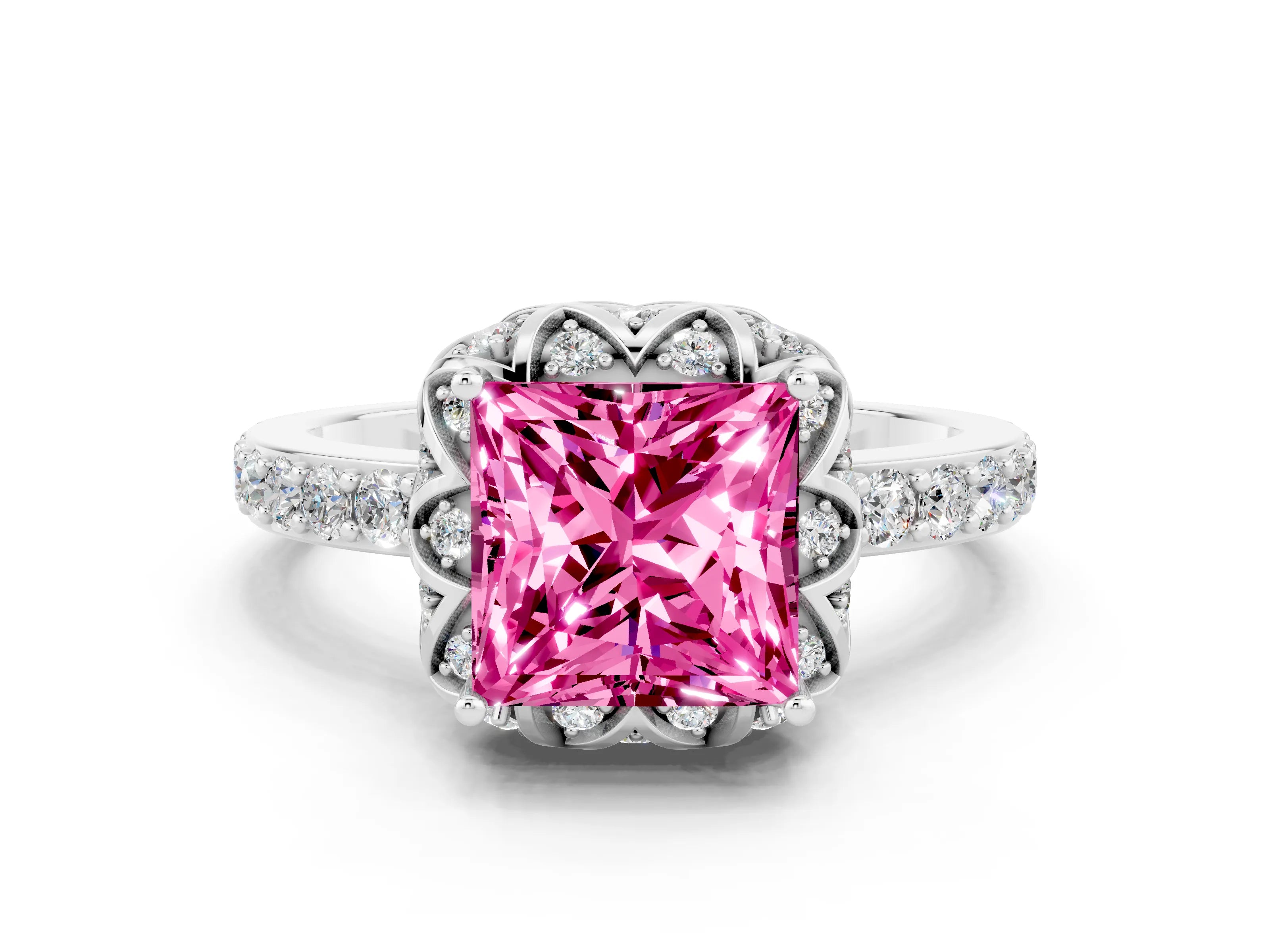 White gold Princess Cut Diamond Solitaire Ring with Shared Prong Pavé Band