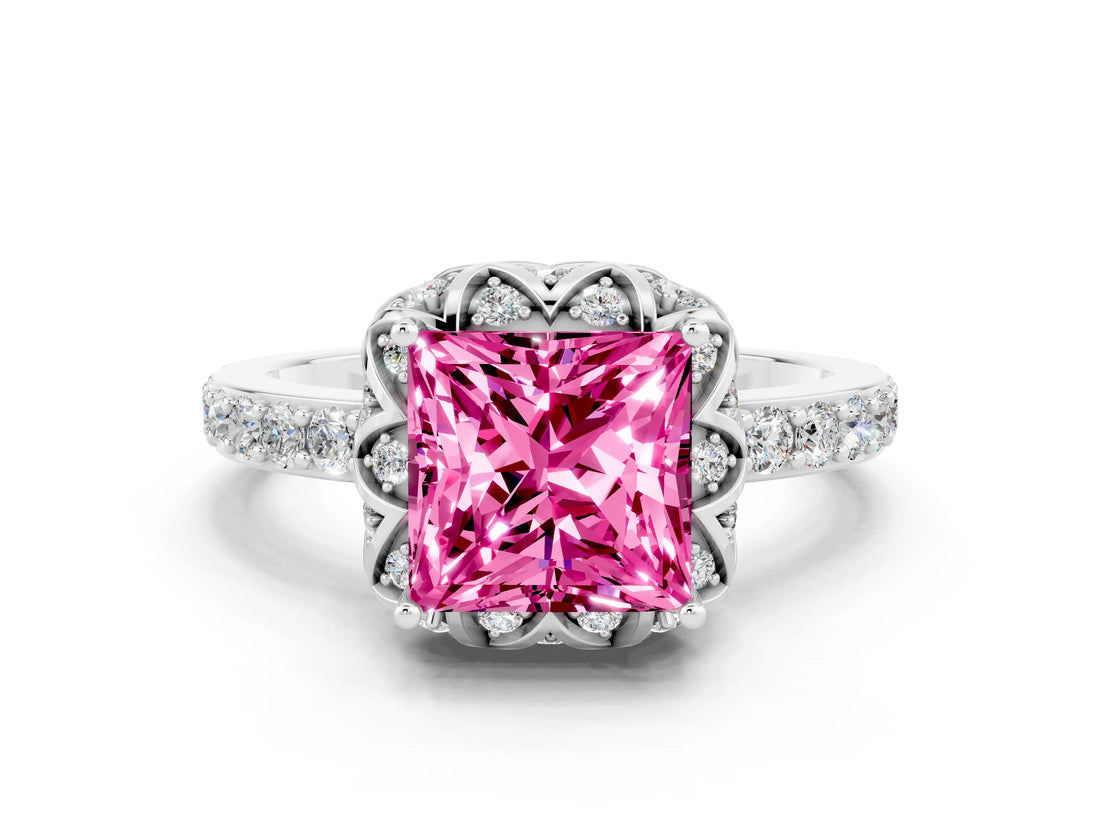 White gold Princess Cut Diamond Solitaire Ring with Shared Prong Pavé Band