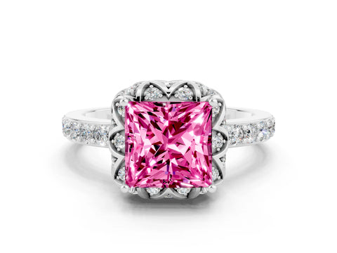 White gold Princess Cut Diamond Solitaire Ring with Shared Prong Pavé Band