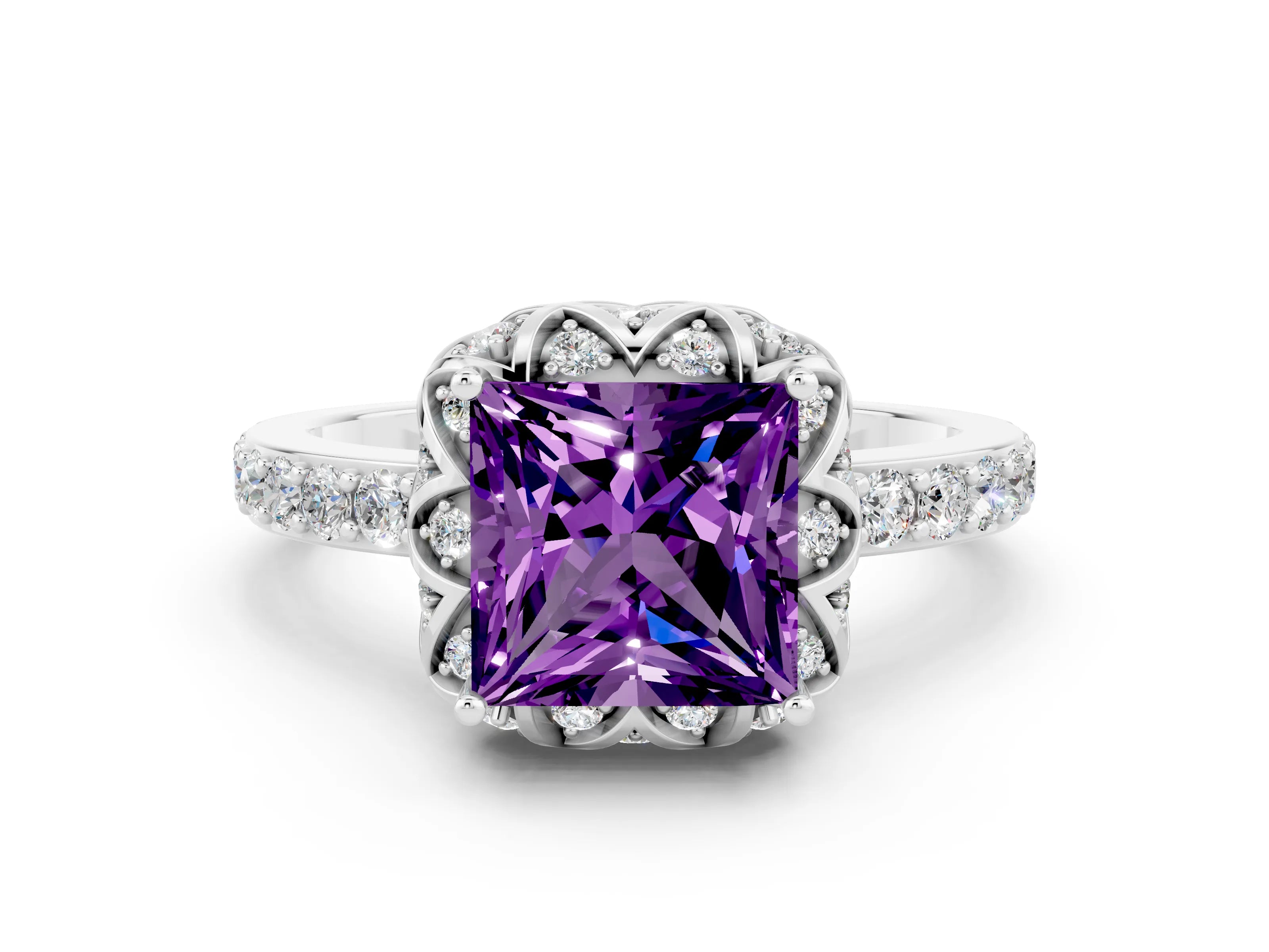 White gold Princess Cut Diamond Solitaire Ring with Shared Prong Pavé Band