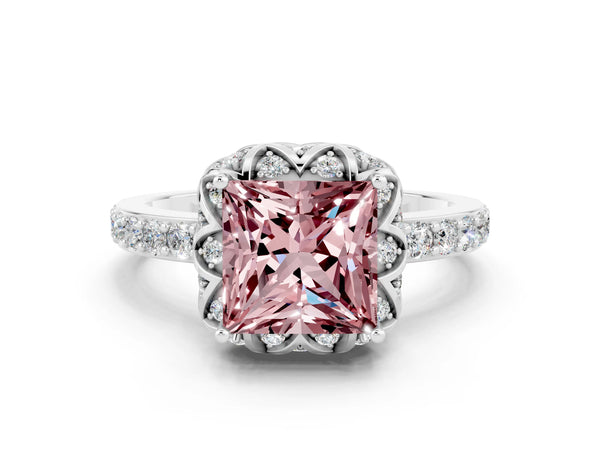 Silver Princess Cut Diamond Solitaire Ring with Shared Prong Pavé Band
