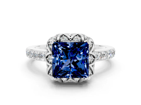 White gold Princess Cut Diamond Solitaire Ring with Shared Prong Pavé Band