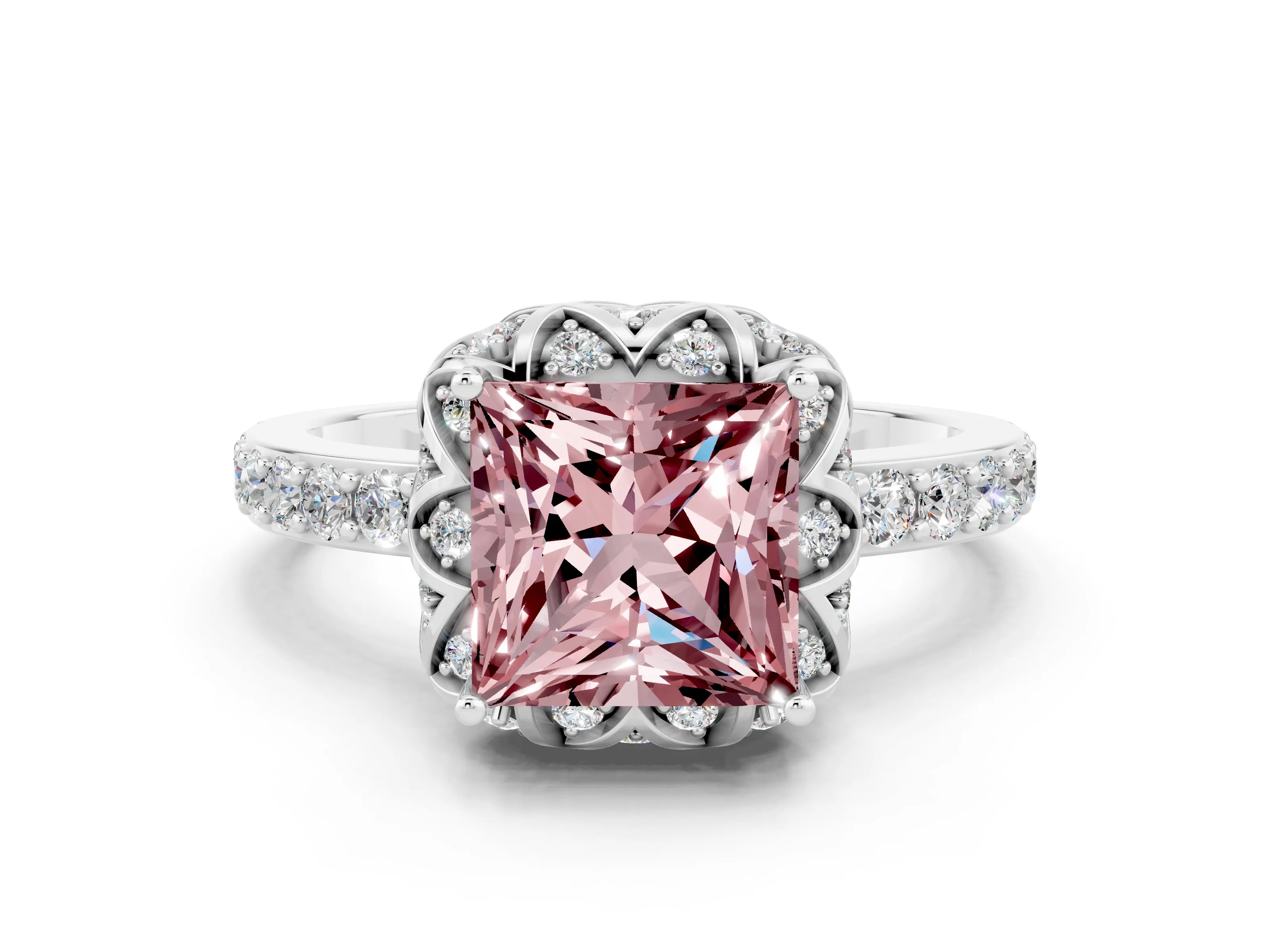 White gold Princess Cut Diamond Solitaire Ring with Shared Prong Pavé Band