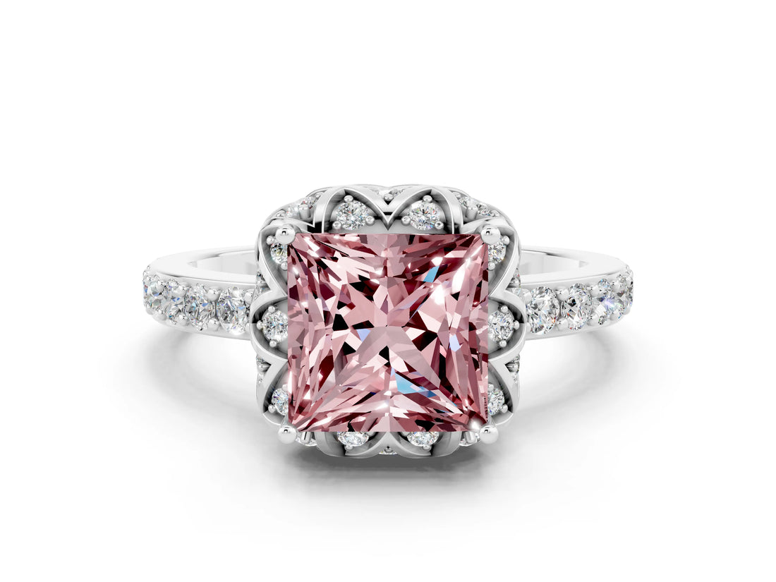 White gold Princess Cut Diamond Solitaire Ring with Shared Prong Pavé Band