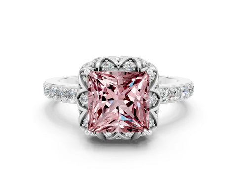 White gold Princess Cut Diamond Solitaire Ring with Shared Prong Pavé Band