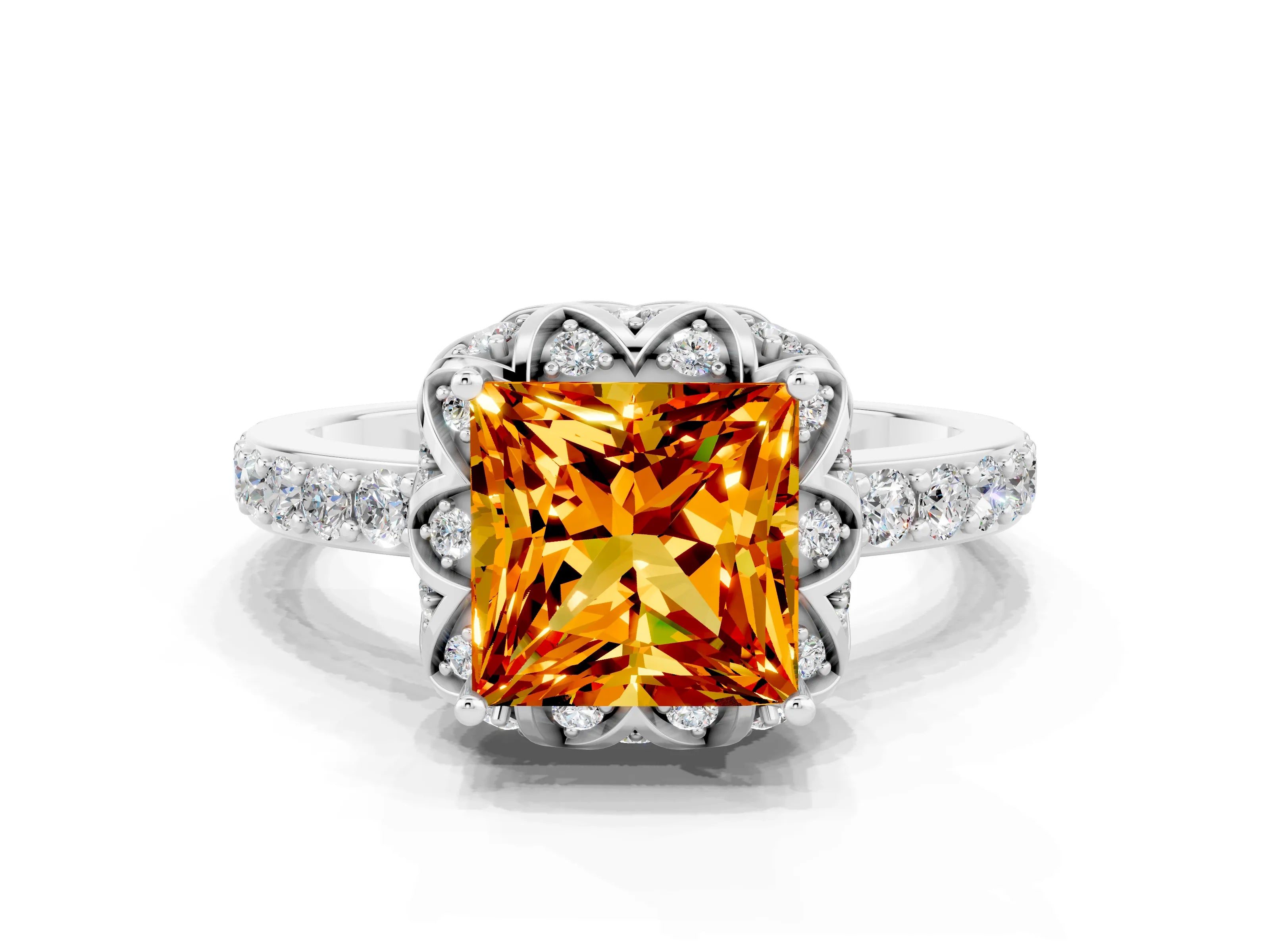 White gold Princess Cut Diamond Solitaire Ring with Shared Prong Pavé Band