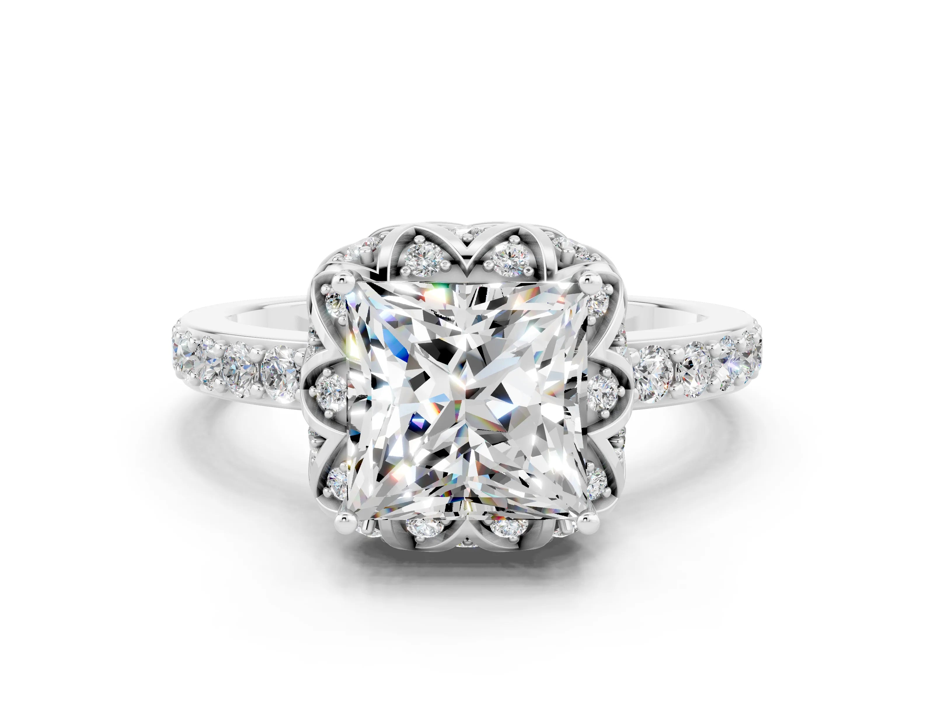 White gold Princess Cut Diamond Solitaire Ring with Shared Prong Pavé Band