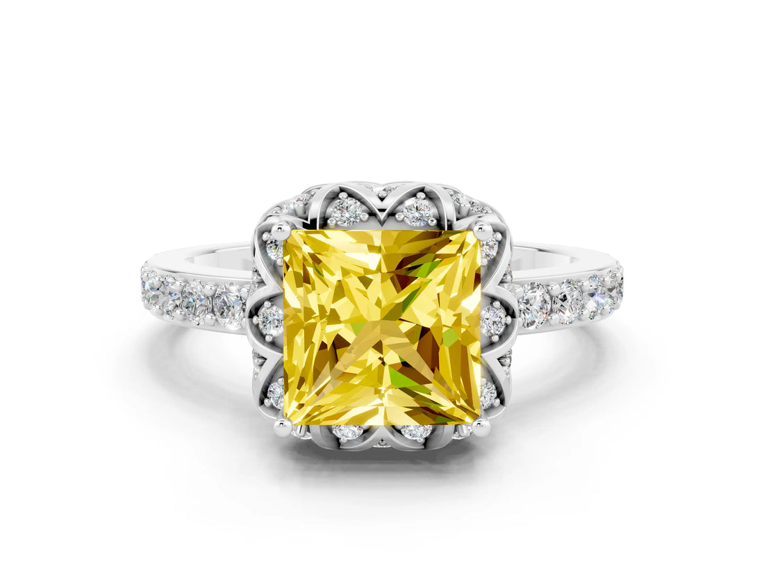 White gold Princess Cut Diamond Solitaire Ring with Shared Prong Pavé Band