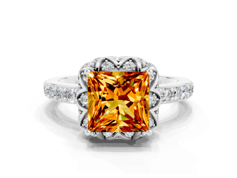 White gold Princess Cut Diamond Solitaire Ring with Shared Prong Pavé Band