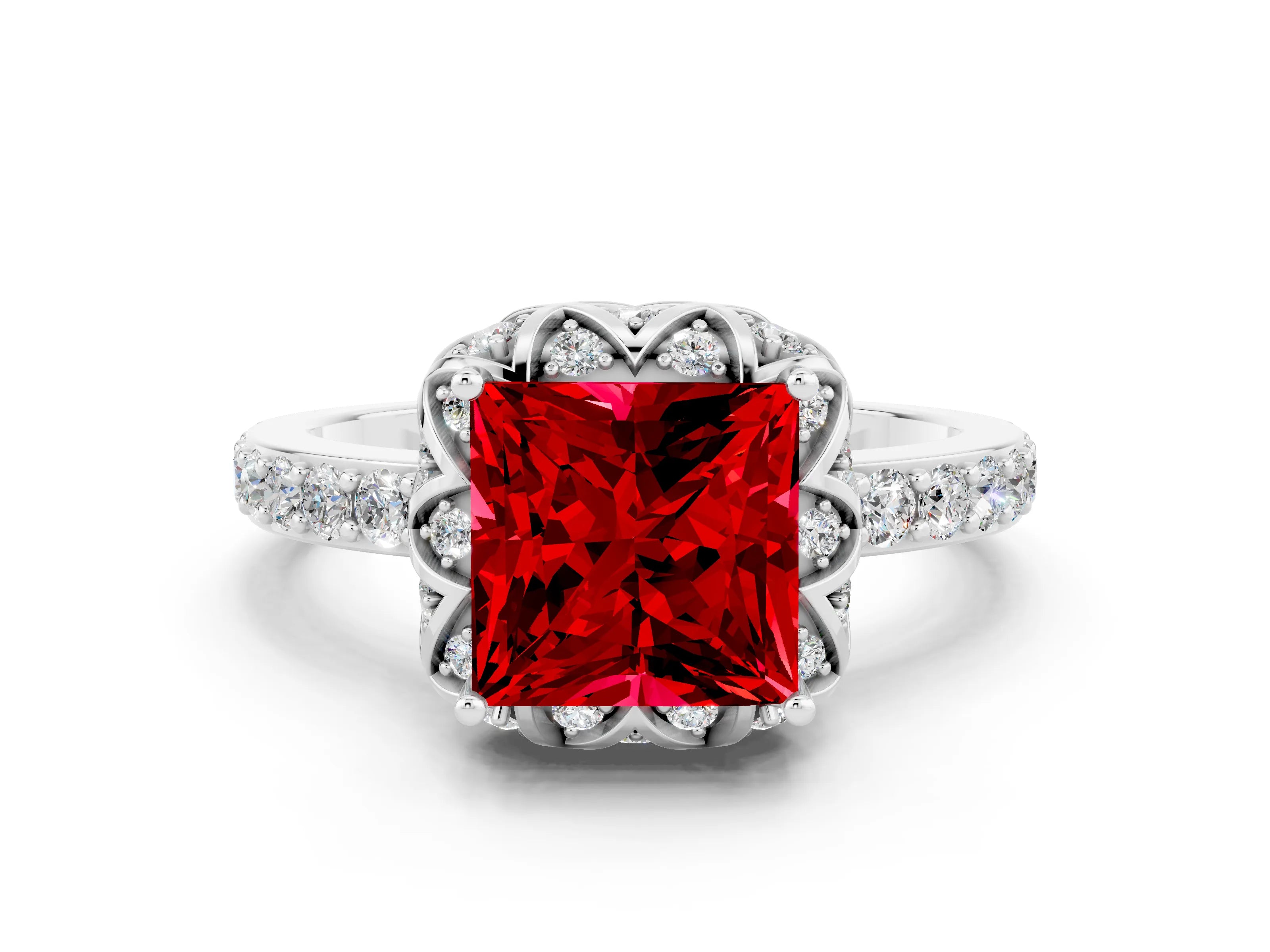 White gold Princess Cut Diamond Solitaire Ring with Shared Prong Pavé Band