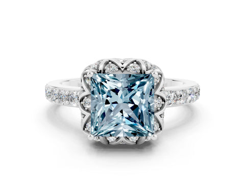 White gold Princess Cut Diamond Solitaire Ring with Shared Prong Pavé Band