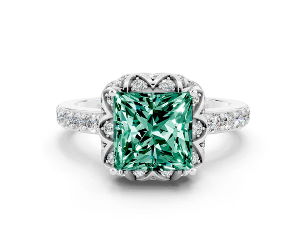 White gold Princess Cut Green Sapphire Scalloped Halo Engagement Ring with Round Shared Prong Band