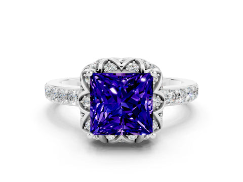 White gold Princess Cut Diamond Solitaire Ring with Shared Prong Pavé Band