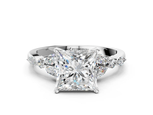 White gold Princess Cut Diamond Solitaire Ring with Side Stones and Four-Prong Setting
