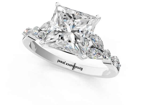 White gold Princess Cut Diamond Solitaire Ring with Side Stones and Four-Prong Setting