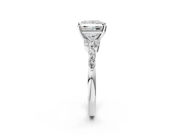 White gold Princess Cut Diamond Solitaire Ring with Side Stones and Four-Prong Setting