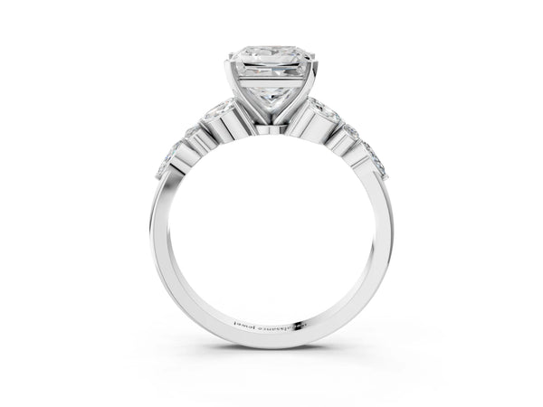 White gold Princess Cut Diamond Solitaire Ring with Side Stones and Four-Prong Setting