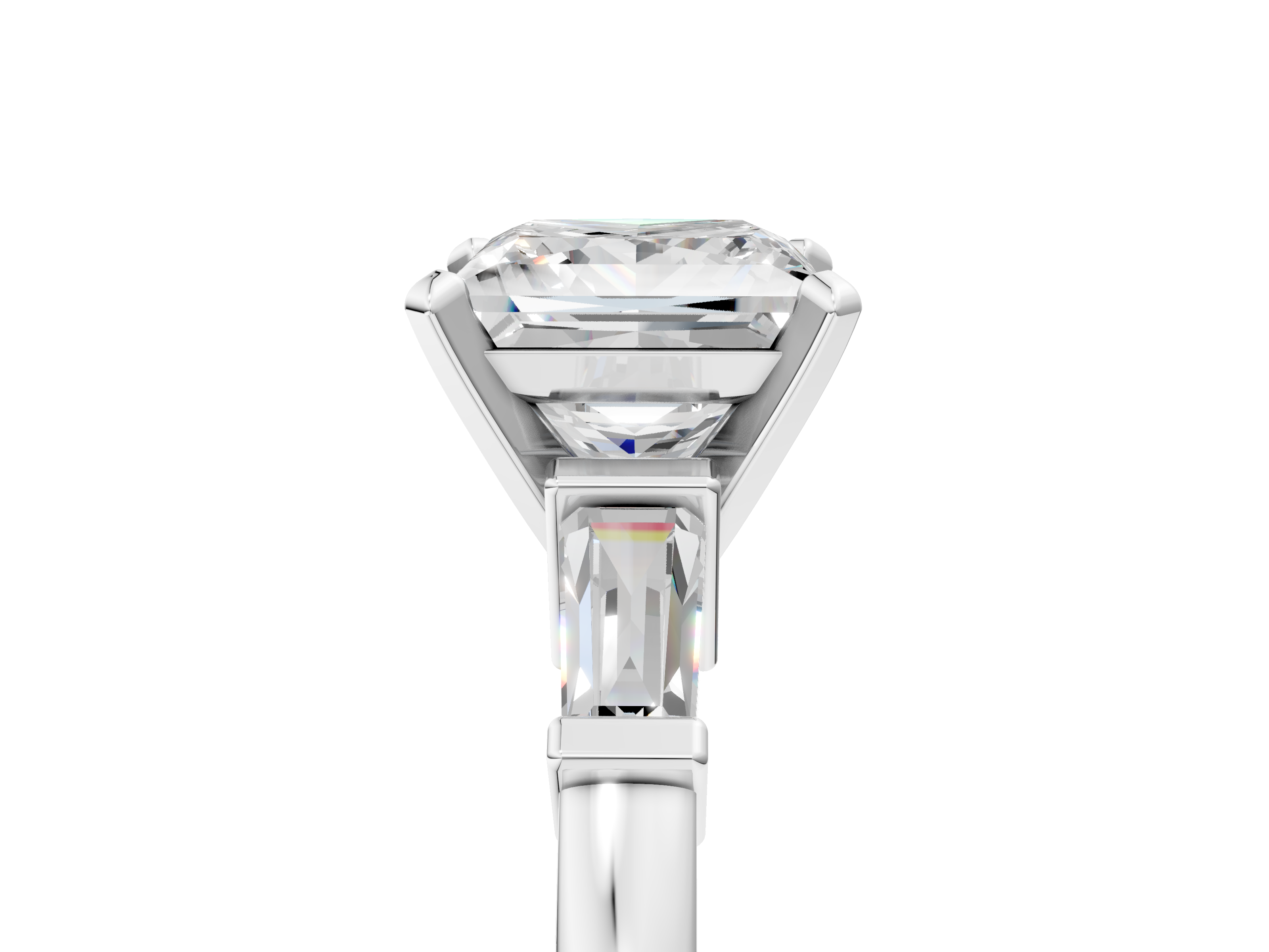 White gold Princess Cut Diamond Solitaire Ring with Tapered Baguette Accents and Four-Prong Setting_101