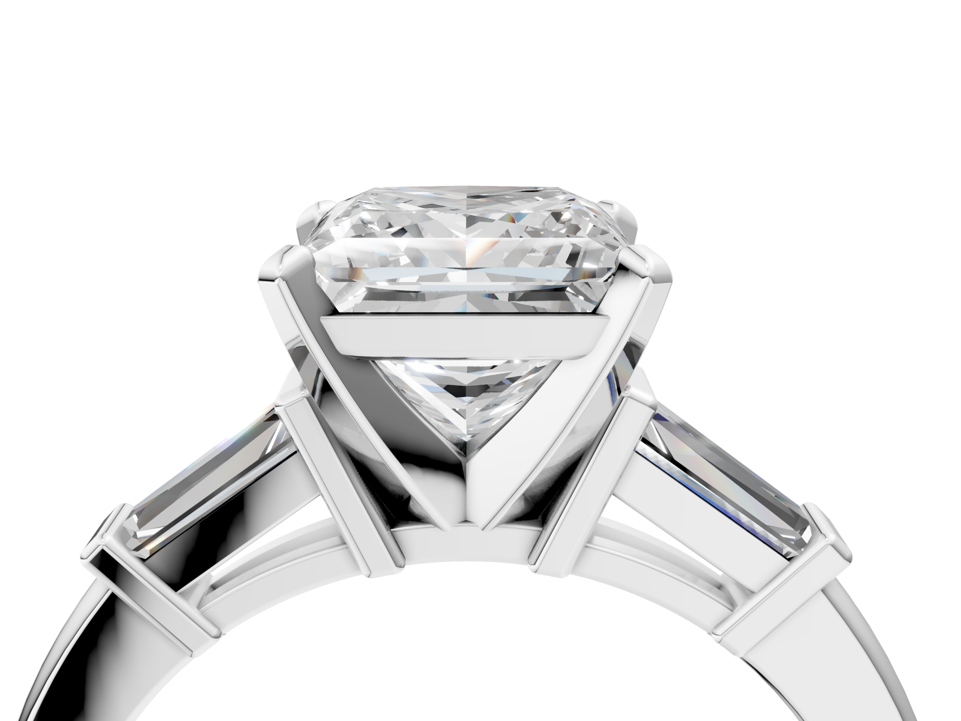 White gold Princess Cut Diamond Solitaire Ring with Tapered Baguette Accents and Four-Prong Setting_101