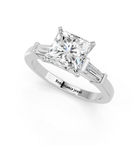 White gold Princess Cut Diamond Solitaire Ring with Tapered Baguette Accents and Four-Prong Setting_29