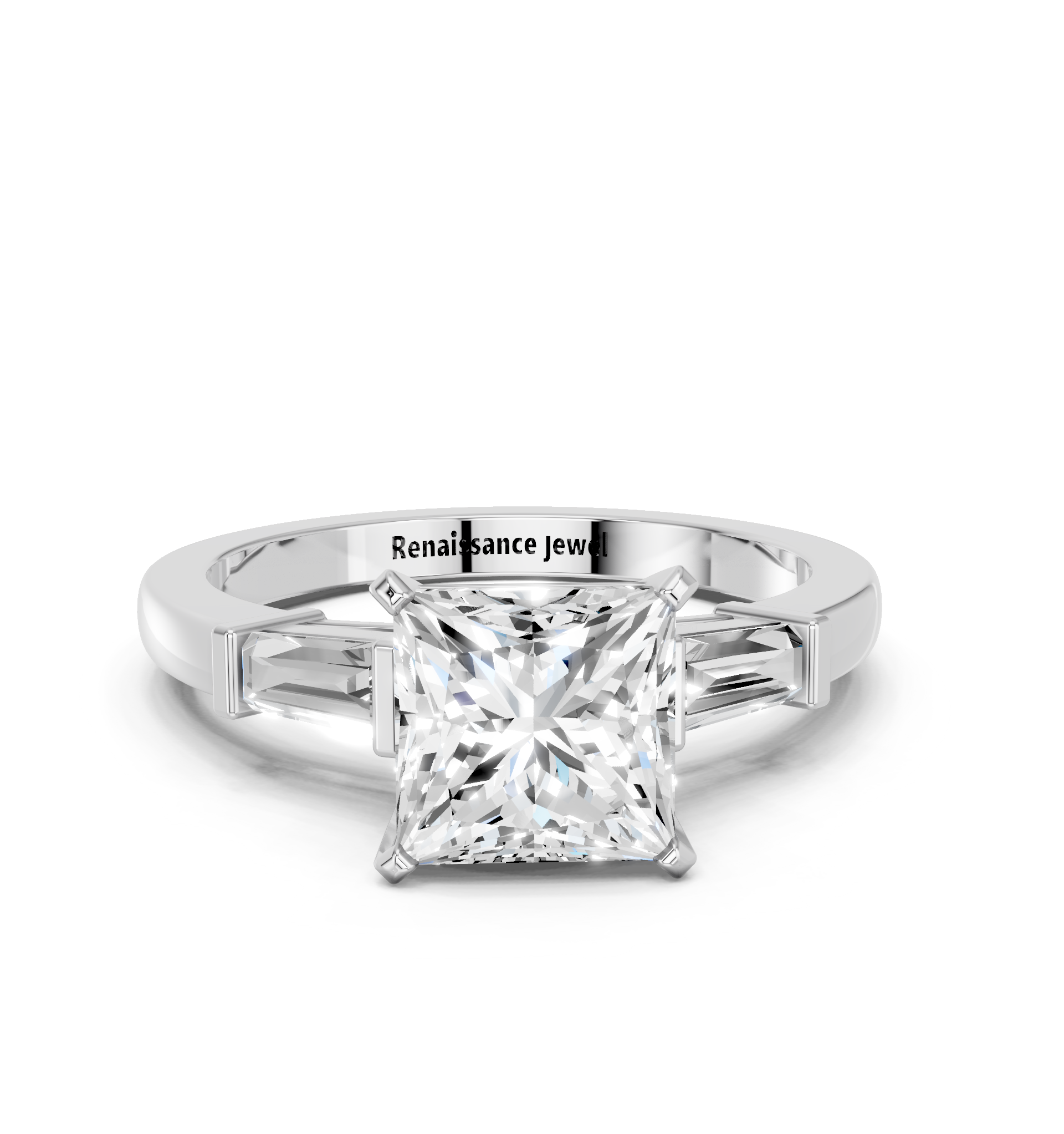 White gold Princess Cut Diamond Solitaire Ring with Tapered Baguette Accents and Four-Prong Setting_37