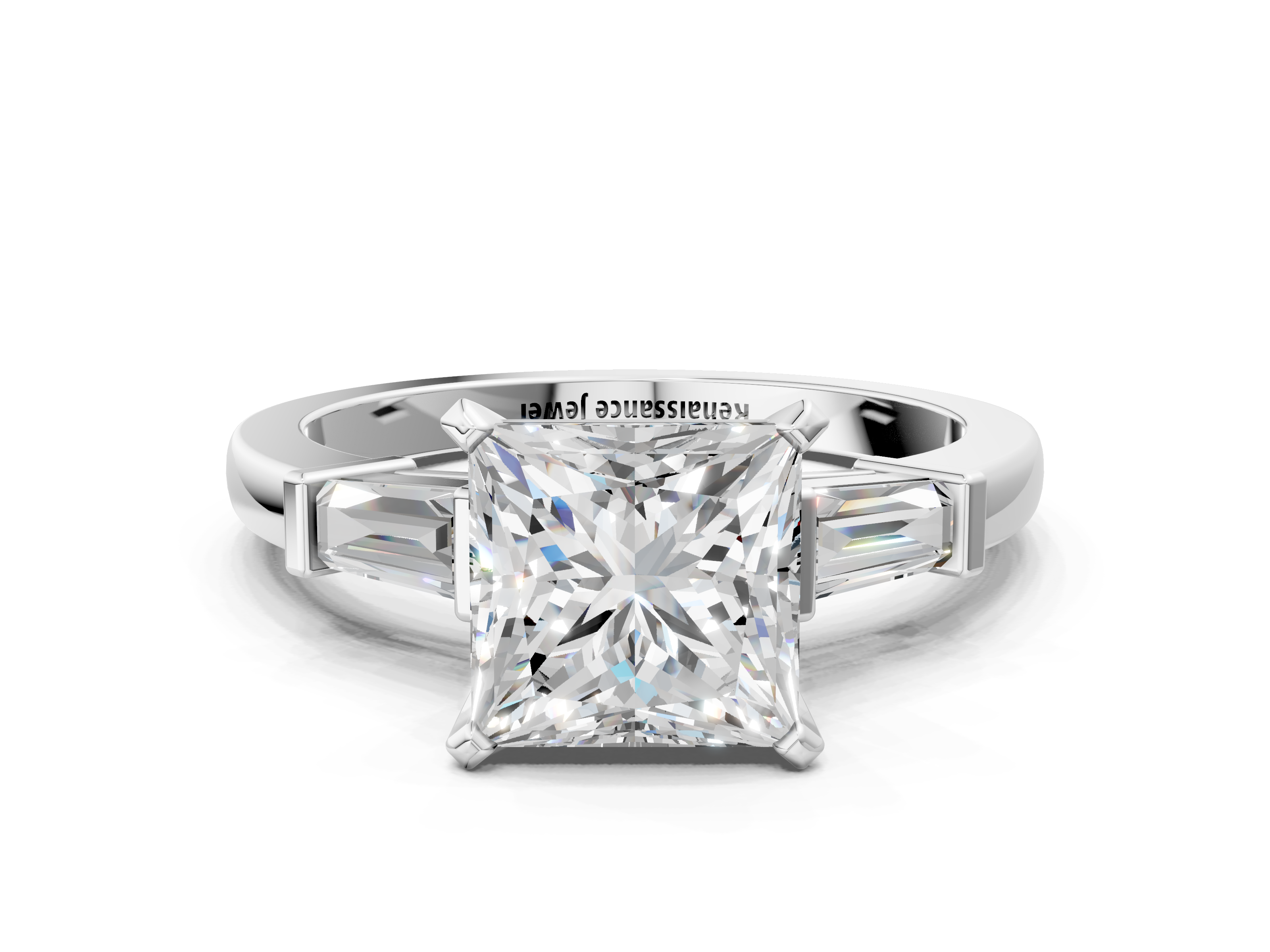 White gold Princess Cut Diamond Solitaire Ring with Tapered Baguette Accents and Four-Prong Setting_96