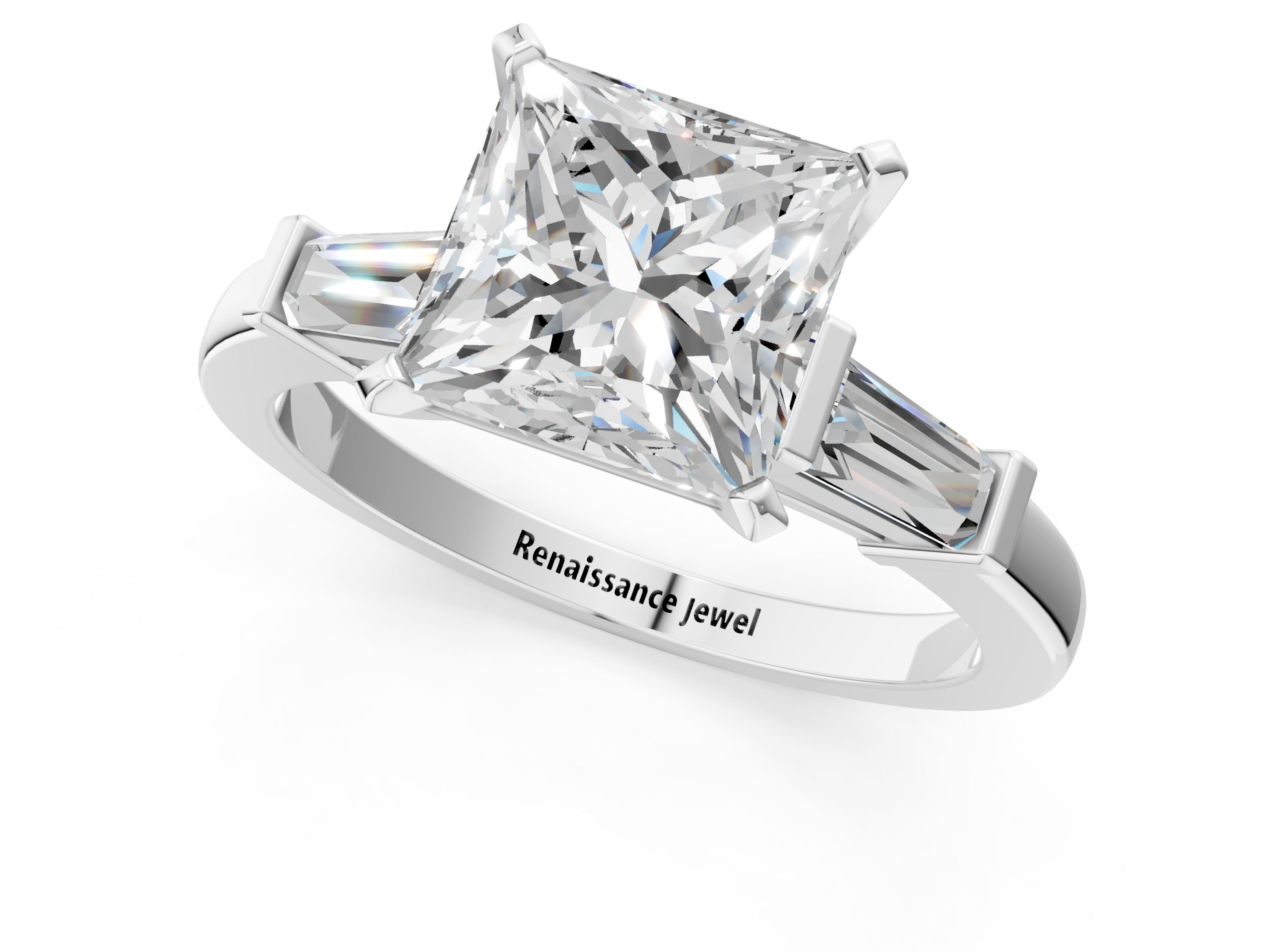 White gold Princess Cut Diamond Solitaire Ring with Tapered Baguette Accents and Four-Prong Setting_98