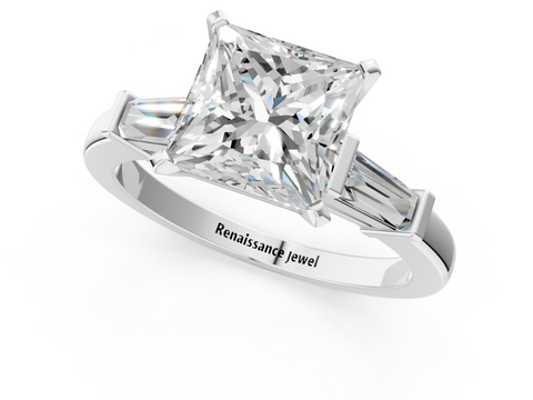 White gold Princess Cut Diamond Solitaire Ring with Tapered Baguette Accents and Four-Prong Setting_98