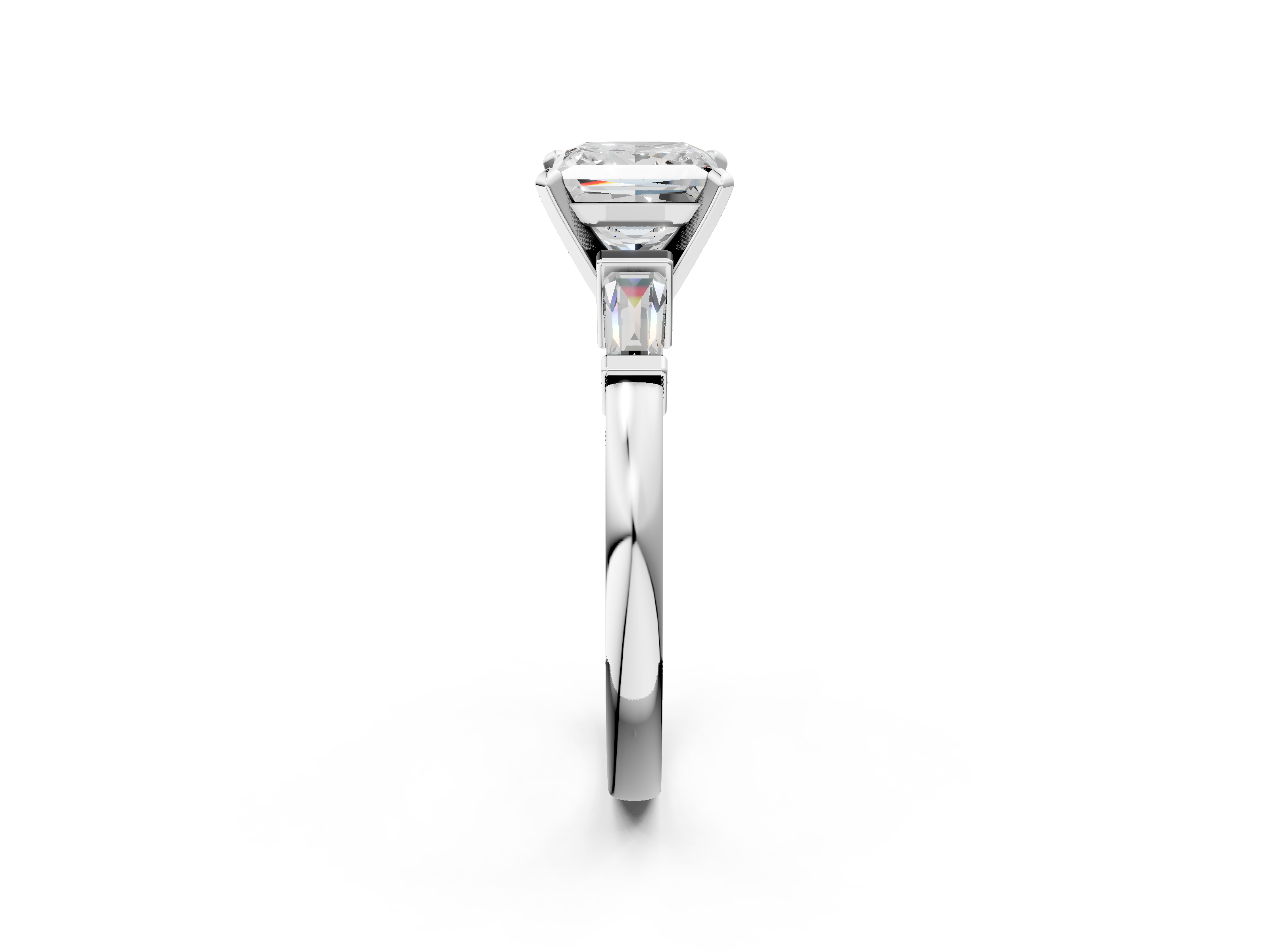 White gold Princess Cut Diamond Solitaire Ring with Tapered Baguette Accents and Four-Prong Setting_98