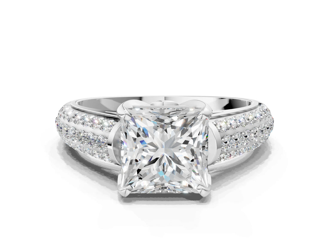 White gold Princess Cut Diamond Solitaire Ring with Three-Row Pavé Band and Four-Prong Setting_43