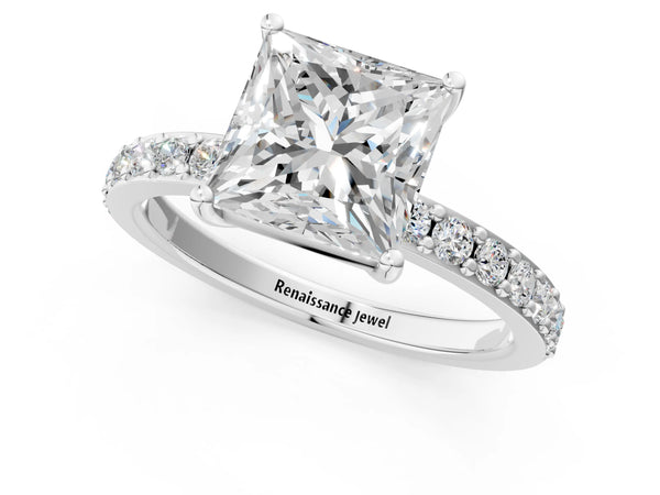 White gold Princess Cut Diamond Solitaire with Pave Band and Four-Prong Setting