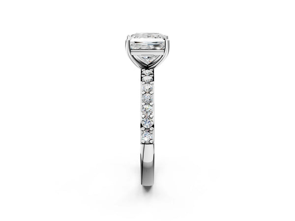 White gold Princess Cut Diamond Solitaire with Pave Band and Four-Prong Setting