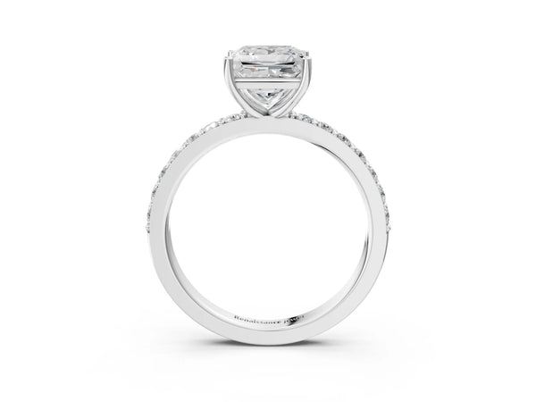 White gold Princess Cut Diamond Solitaire with Pave Band and Four-Prong Setting