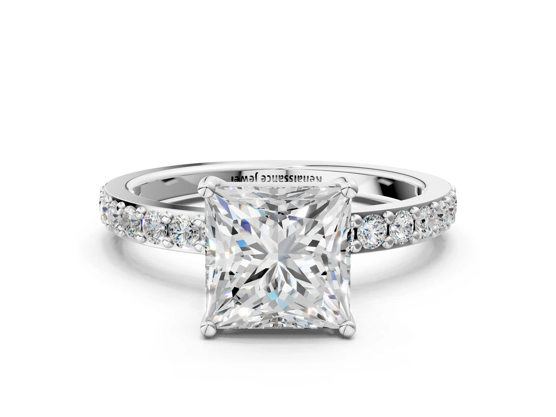 White gold Princess Cut Diamond Solitaire with Pave Band and Four-Prong Setting