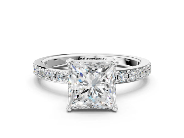 White gold Princess Cut Diamond Solitaire with Pave Band and Four-Prong Setting