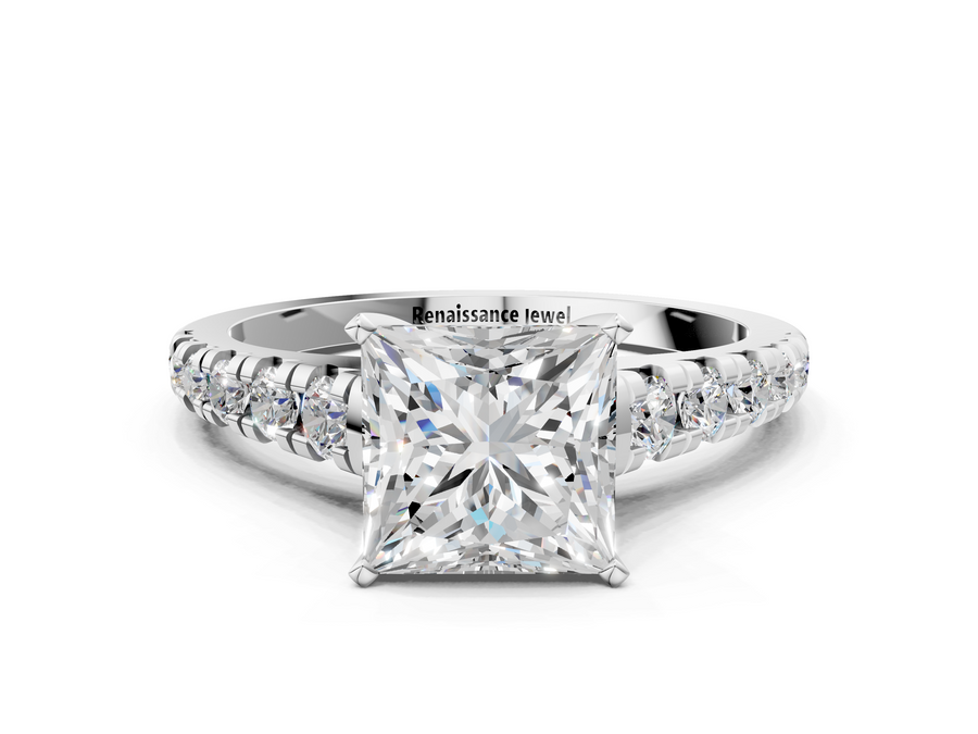 White gold Princess Cut Diamond Solitaire with Pave Band and Four-Prong Setting