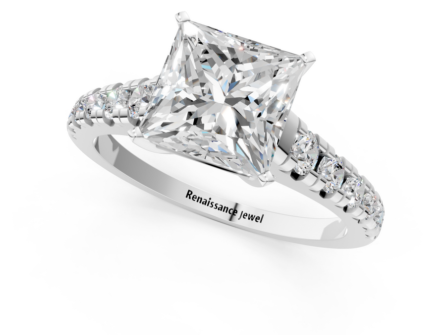 White gold Princess Cut Diamond Solitaire with Pave Band and Four-Prong Setting