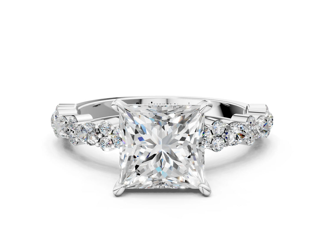 White gold Princess Cut Diamond Solitaire with Side Stones, Pave Band, Four-Prong Setting_480