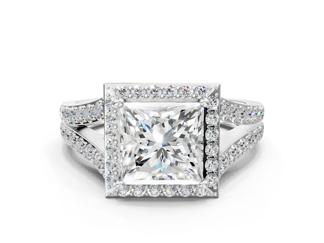 White gold Princess Cut Diamond Split Shank Halo Ring with Four-Prong Setting_68