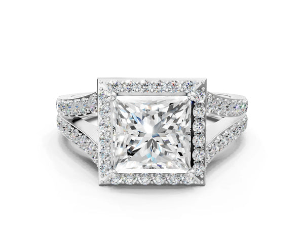 Silver 3.07 Carat D VVS2 Princess Diamond Split Shank Halo Ring with Four-Prong Setting
