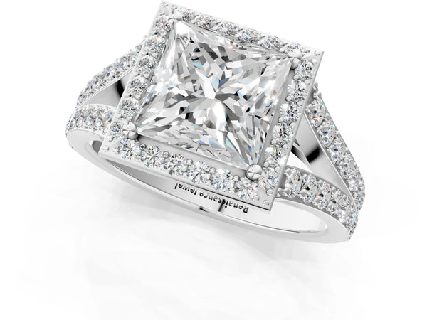 Silver 3.07 Carat D VVS2 Princess Diamond Split Shank Halo Ring with Four-Prong Setting