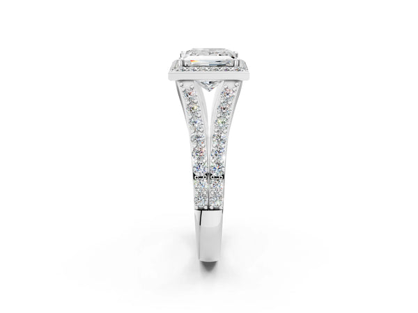 Silver 3.07 Carat D VVS2 Princess Diamond Split Shank Halo Ring with Four-Prong Setting