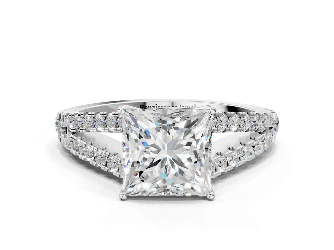 White gold Princess Cut Diamond Split Shank Pavé Engagement Ring with Four-Prong Setting_150